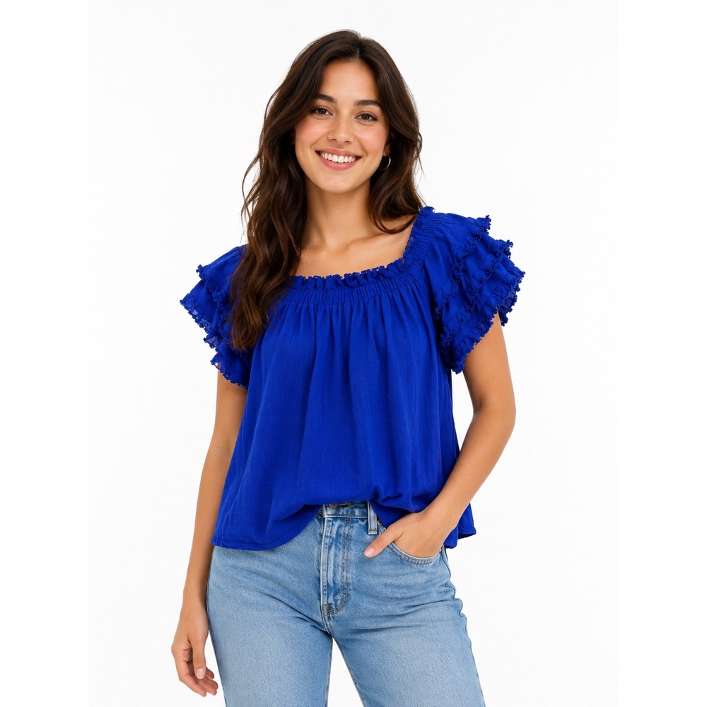Umgee Royal Blue Linen Blend Ruffle Flutter Sleeve Boho Peasant Top Medium C2284